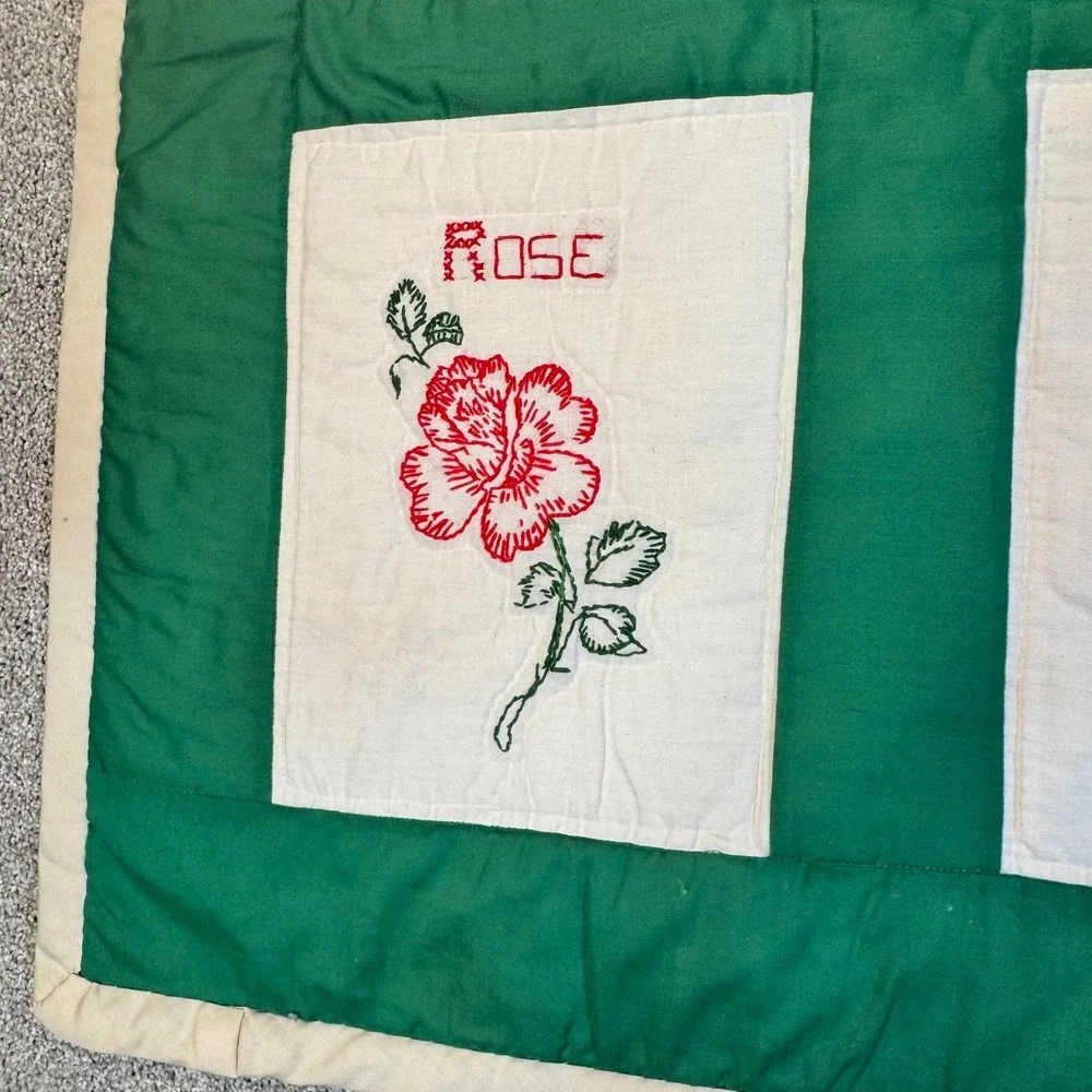Vintage Handmade Embroidered Floral Quilt Wall Hanging Green Botanical Garden